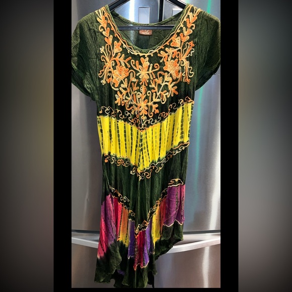 Green FESTIVAL GYPSY Flowy rayon DRESS NF Free Size COLORFUL Embroidered Tribal - Picture 14 of 16